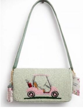 Mint Green Shoulder Bag with Pink Beaded Golf Cart Motif